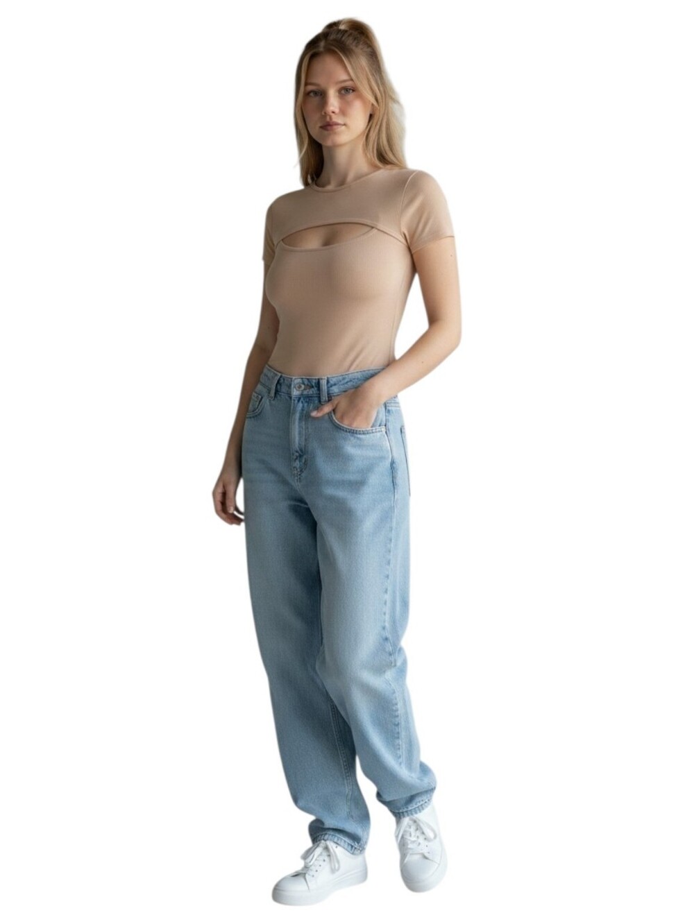 Women's Cutout Short Sleeve Bodysuit - Nude